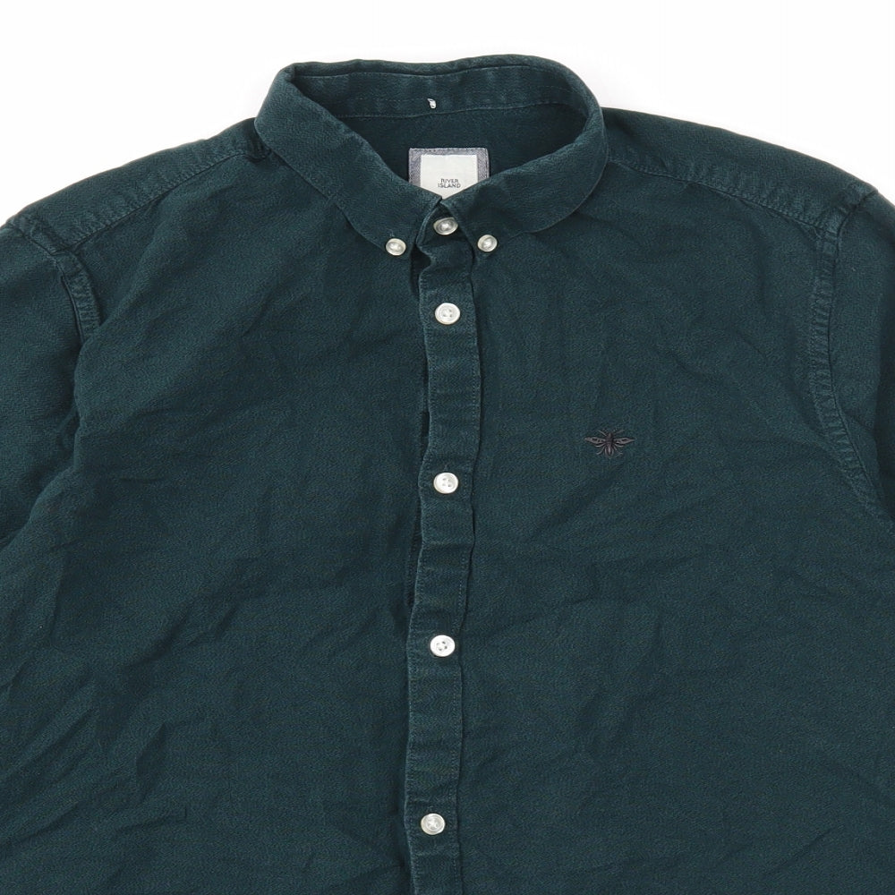 River Island Mens Green Cotton Button-Up Size M Collared Button