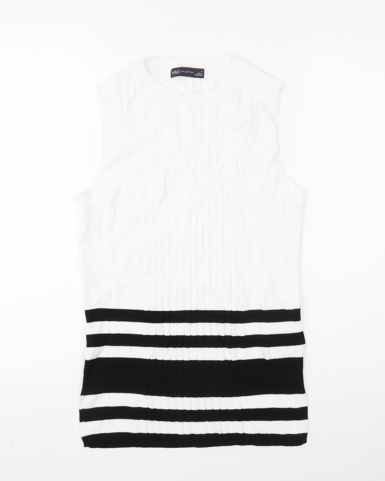 Marks and Spencer Womens White Striped Viscose Basic Tank Size M Scoop Neck - Ribbed