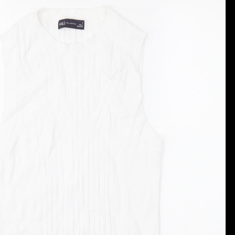 Marks and Spencer Womens White Striped Viscose Basic Tank Size M Scoop Neck - Ribbed