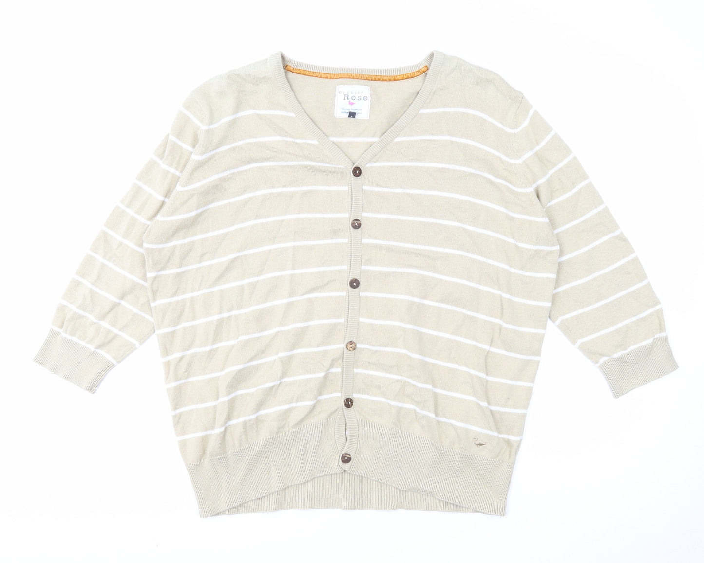EWM Womens Beige V-Neck Striped Cotton Cardigan Jumper Size XL