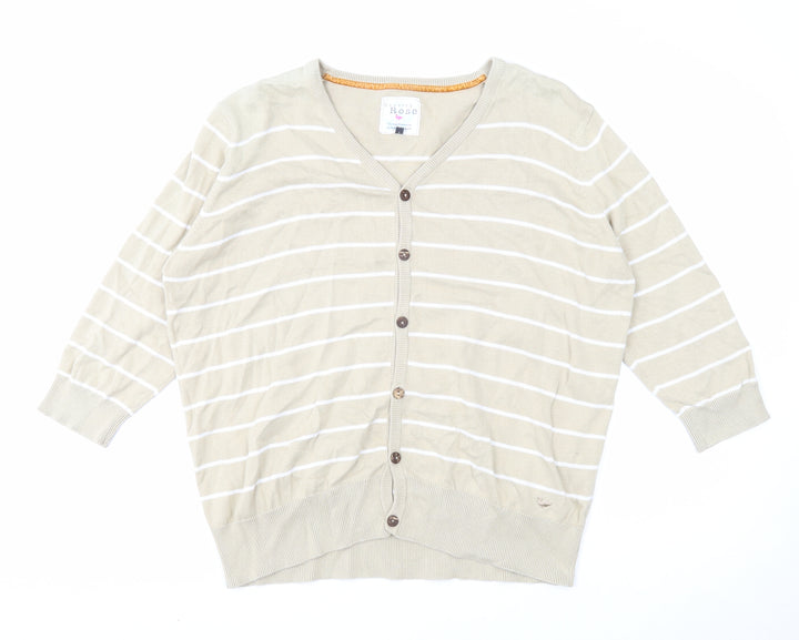 EWM Womens Beige V-Neck Striped Cotton Cardigan Jumper Size XL