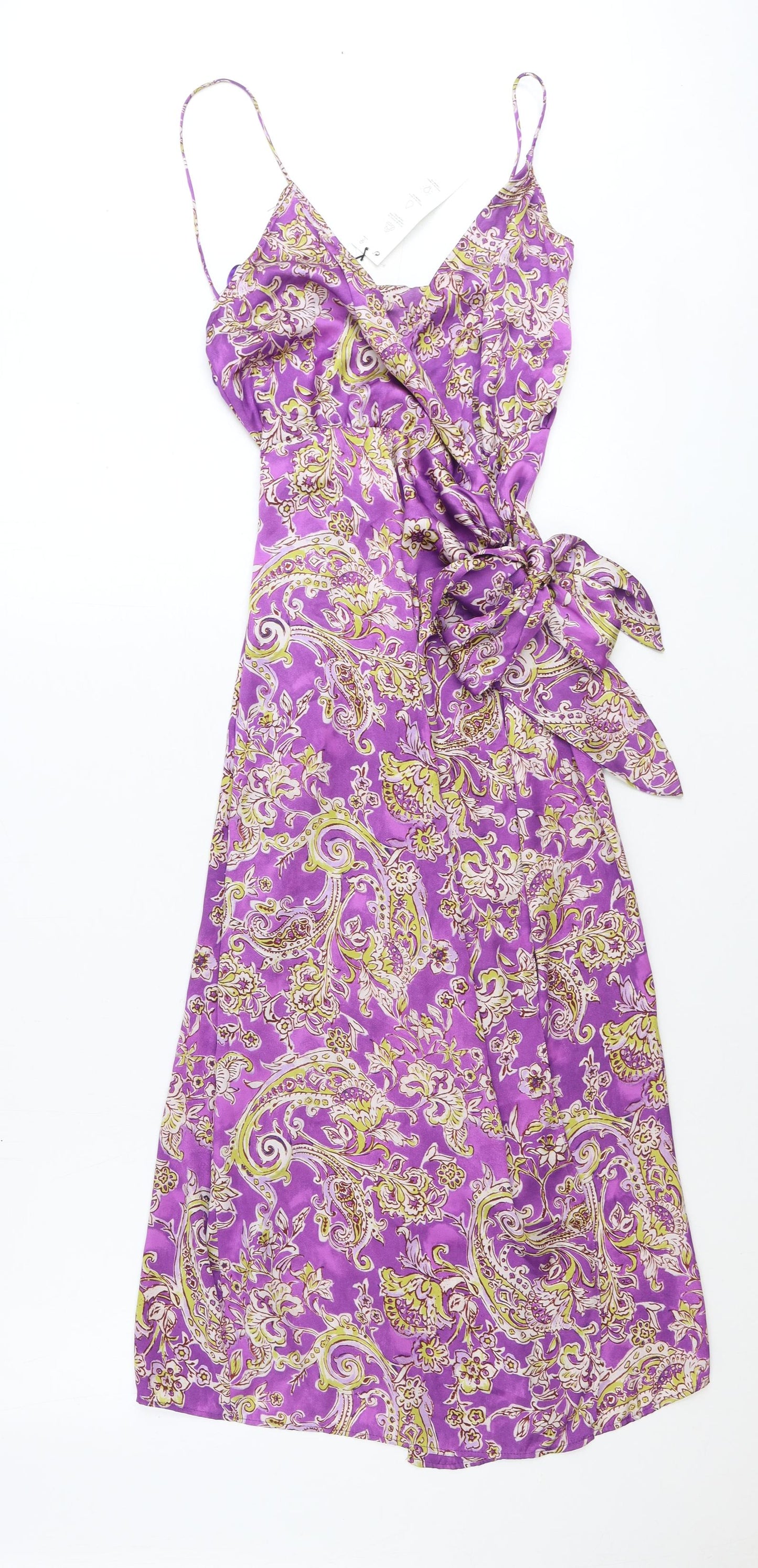 Zara Womens Purple Paisley Polyester Wrap Dress Size M V-Neck Tie