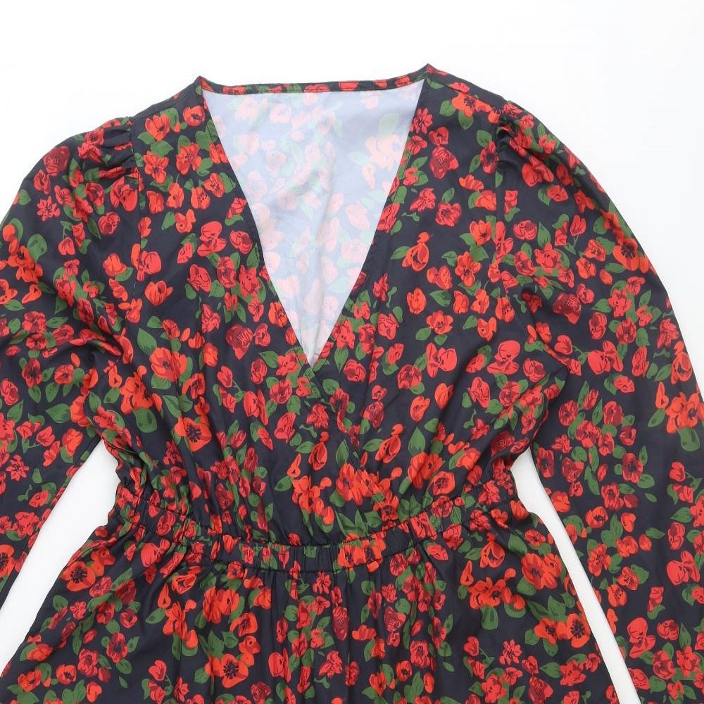 SheIn Womens Black Floral Polyester Fit & Flare Size XL V-Neck Pullover