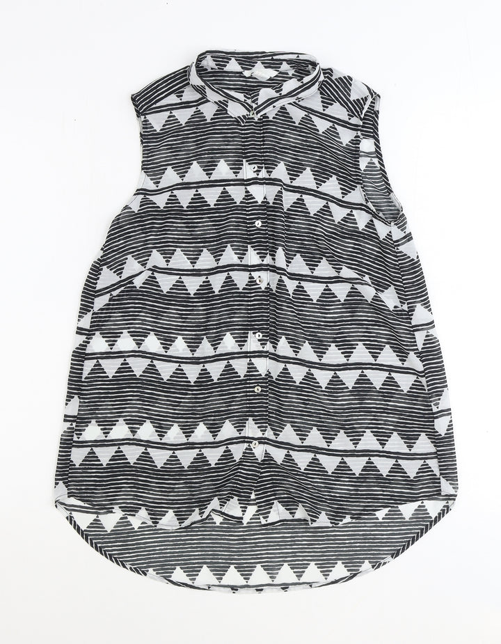 H&M Womens Black Geometric Polyester Basic Button-Up Size 12 Collared