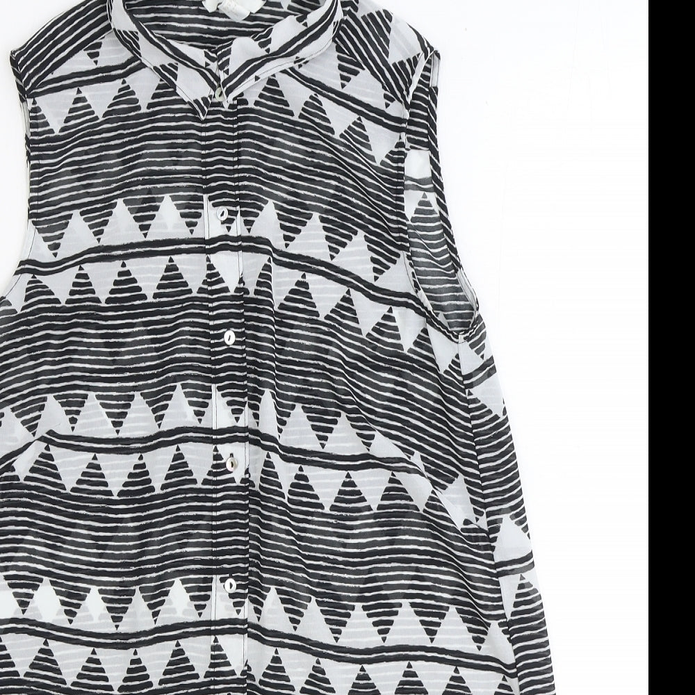 H&M Womens Black Geometric Polyester Basic Button-Up Size 12 Collared
