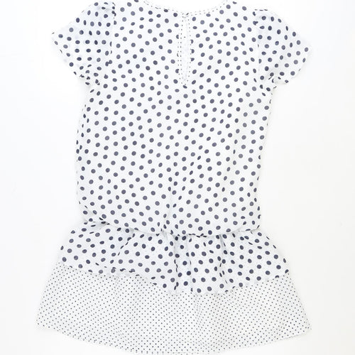 NEXT Womens White Polka Dot Polyester A-Line Size 8 Round Neck Button