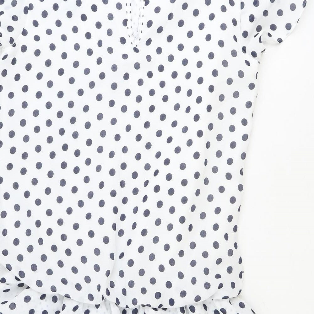 NEXT Womens White Polka Dot Polyester A-Line Size 8 Round Neck Button