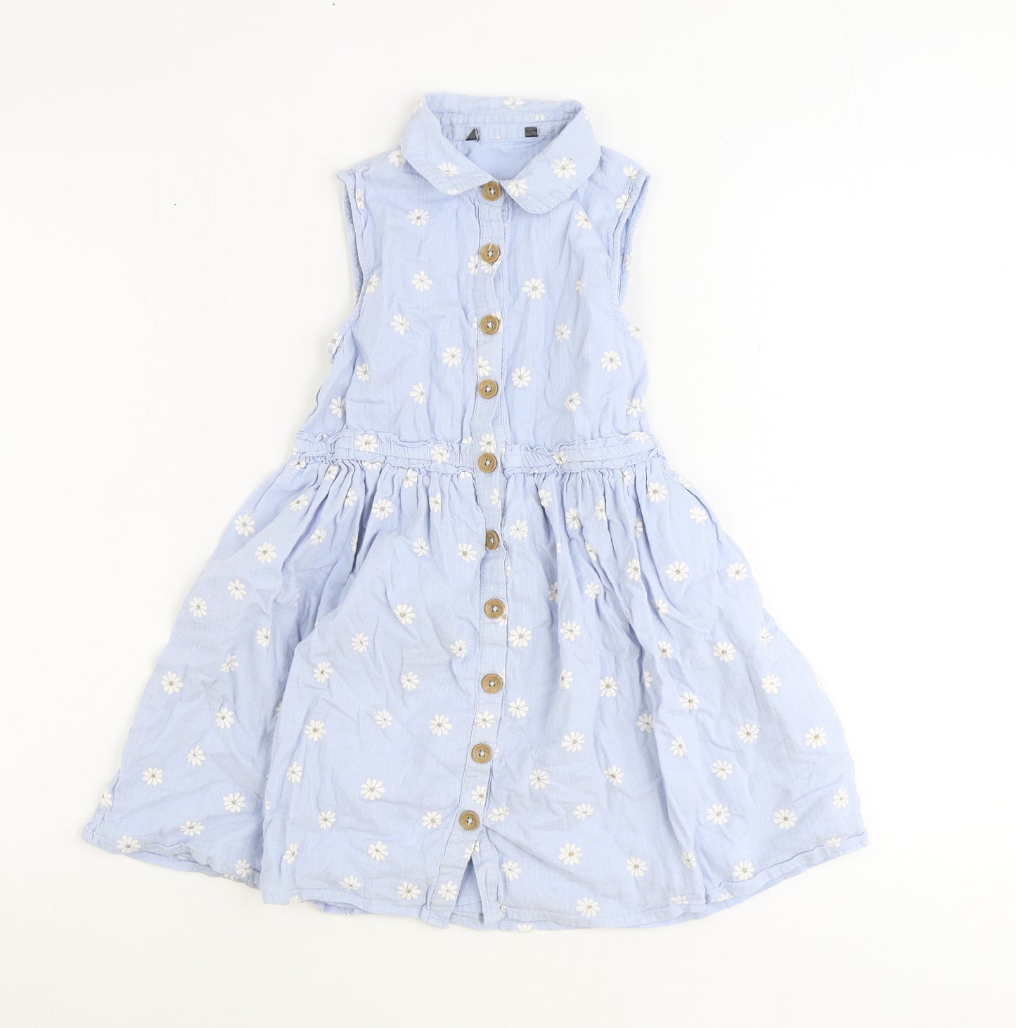 Preworn Girls Blue Floral 100% Cotton Shirt Dress Size 8-9 Years Collared Button