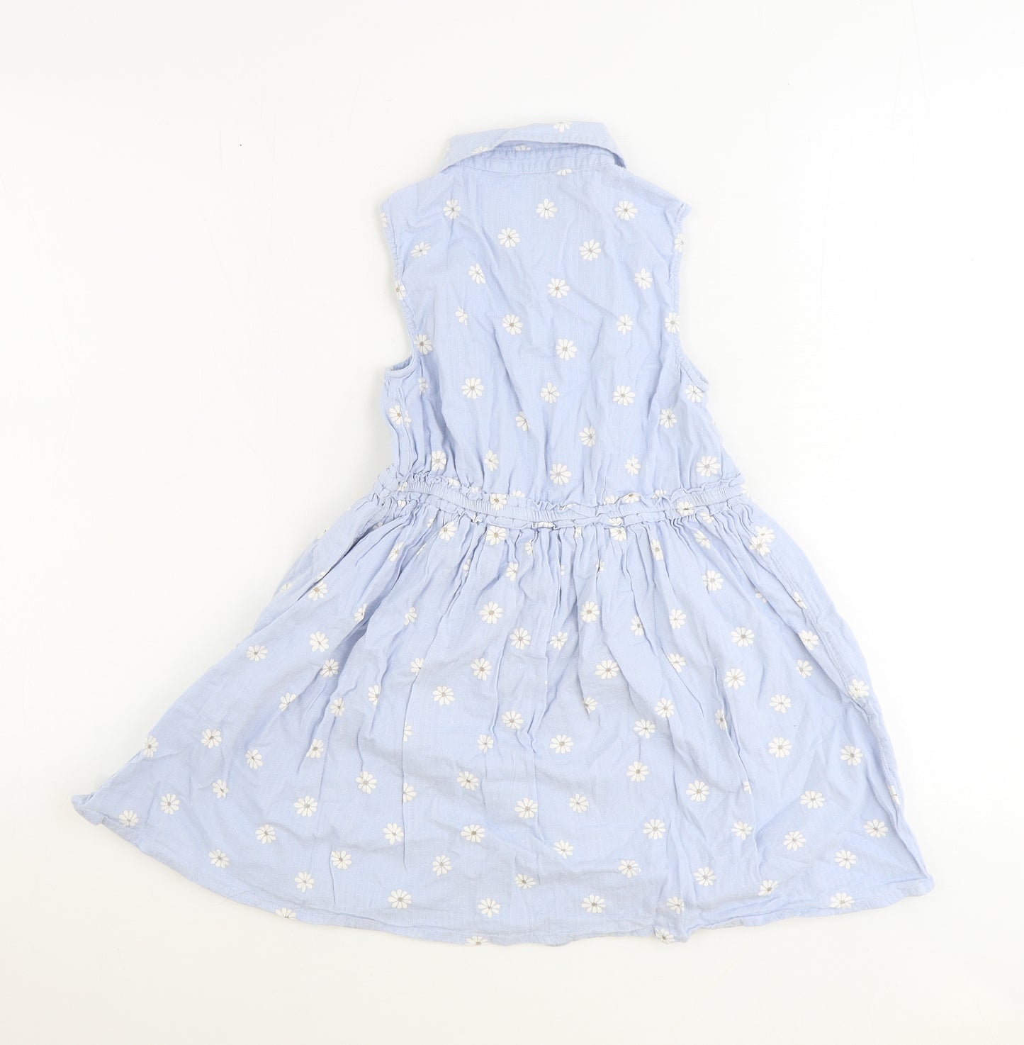 Preworn Girls Blue Floral 100% Cotton Shirt Dress Size 8-9 Years Collared Button