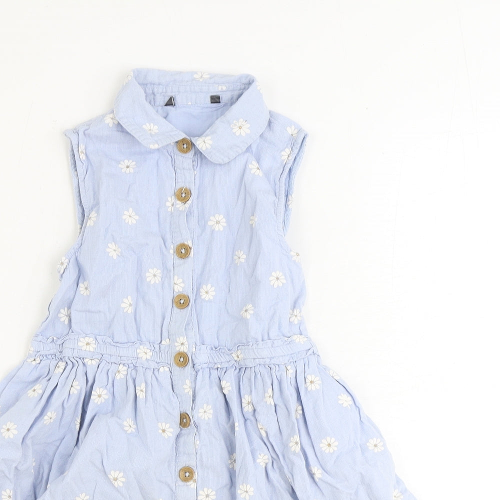 Preworn Girls Blue Floral 100% Cotton Shirt Dress Size 8-9 Years Collared Button