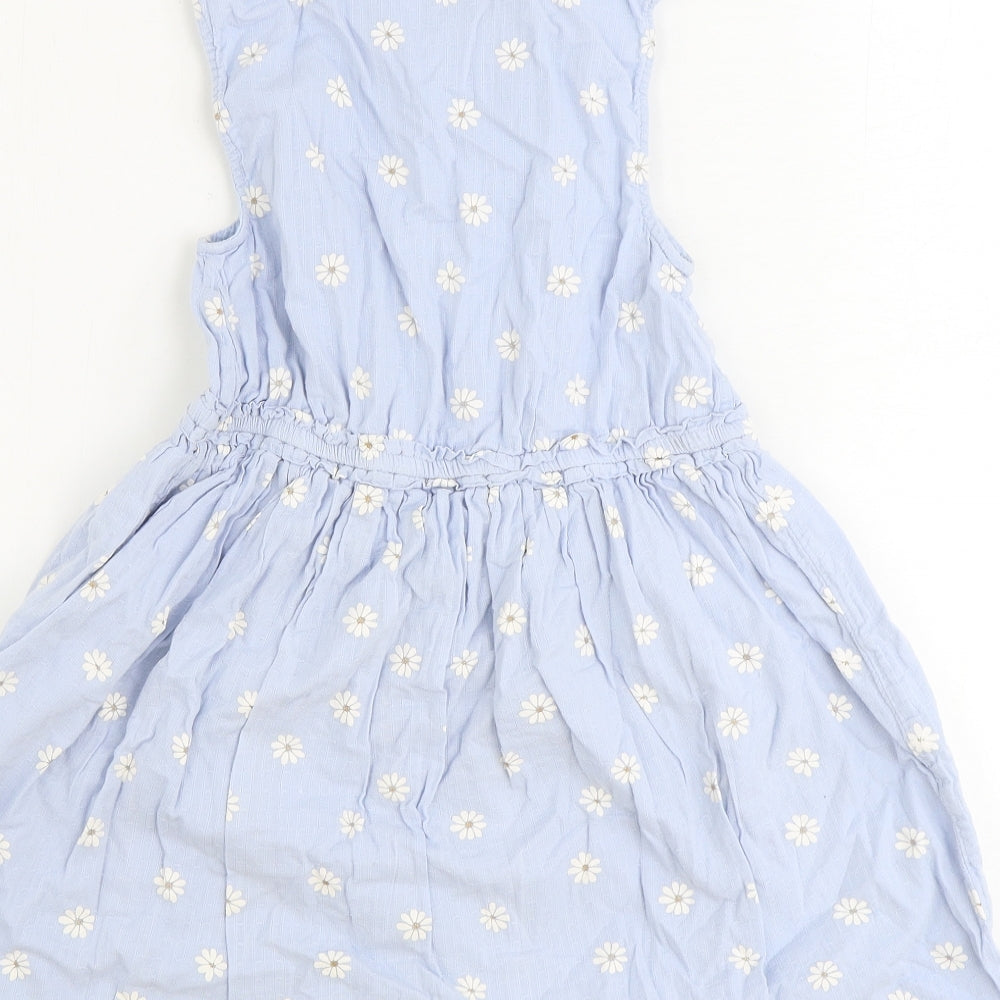 Preworn Girls Blue Floral 100% Cotton Shirt Dress Size 8-9 Years Collared Button