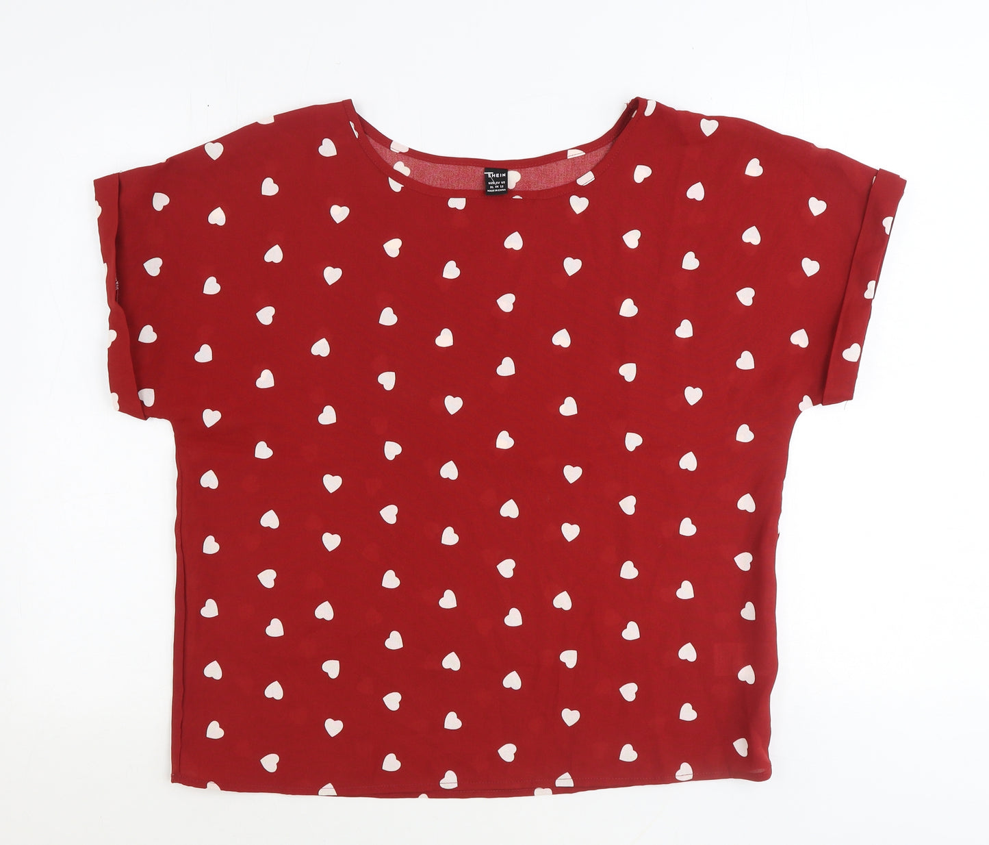 SheIn Womens Red Geometric Polyester Basic T-Shirt Size XL Boat Neck - Hearts