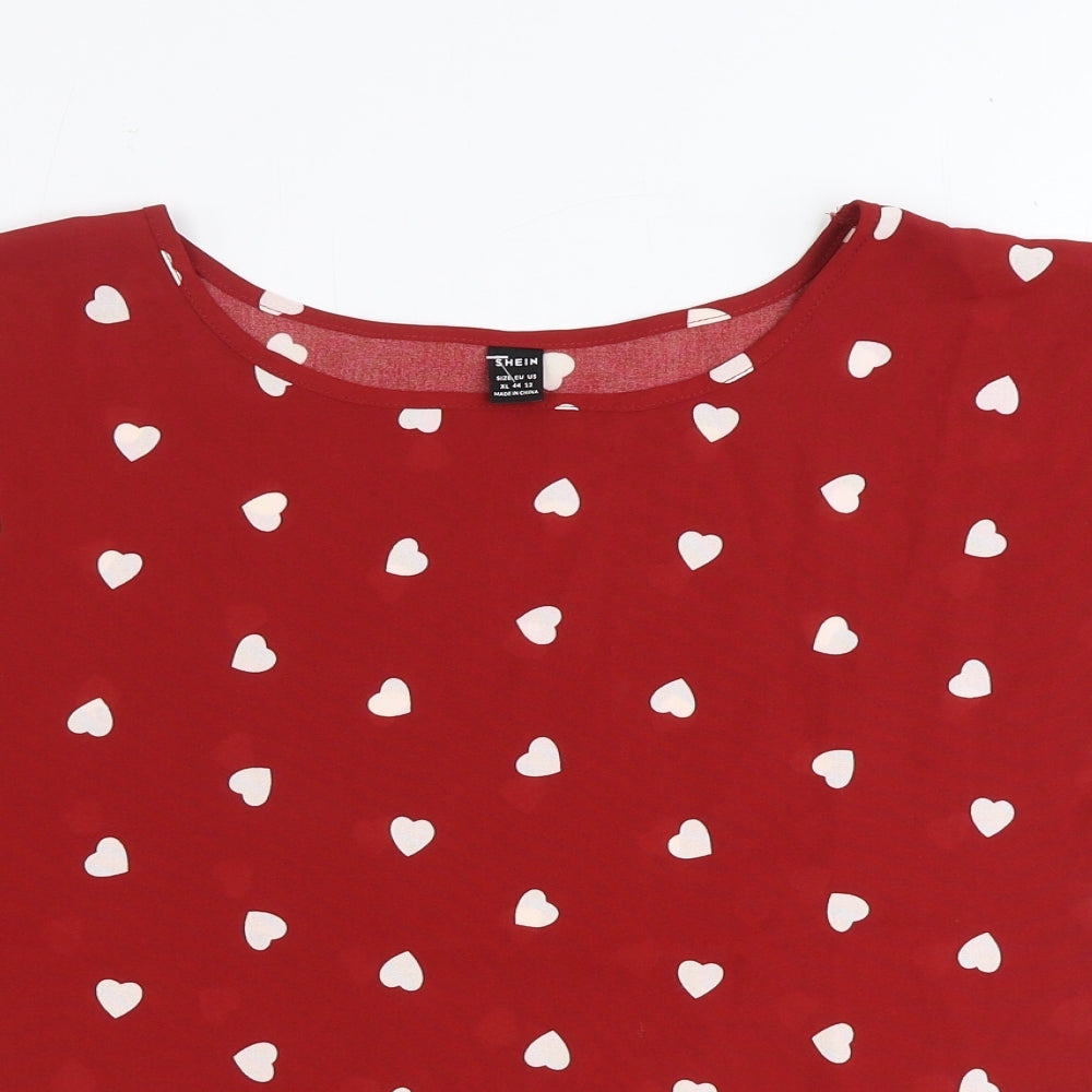 SheIn Womens Red Geometric Polyester Basic T-Shirt Size XL Boat Neck - Hearts