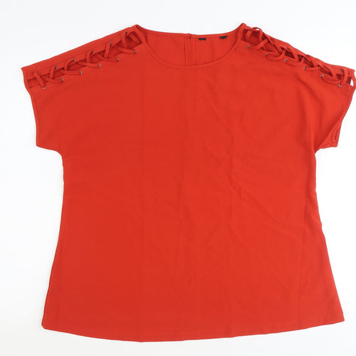 Avon Womens Red Polyester Basic T-Shirt Size 14 Scoop Neck - Lace Up Sleeve Detail