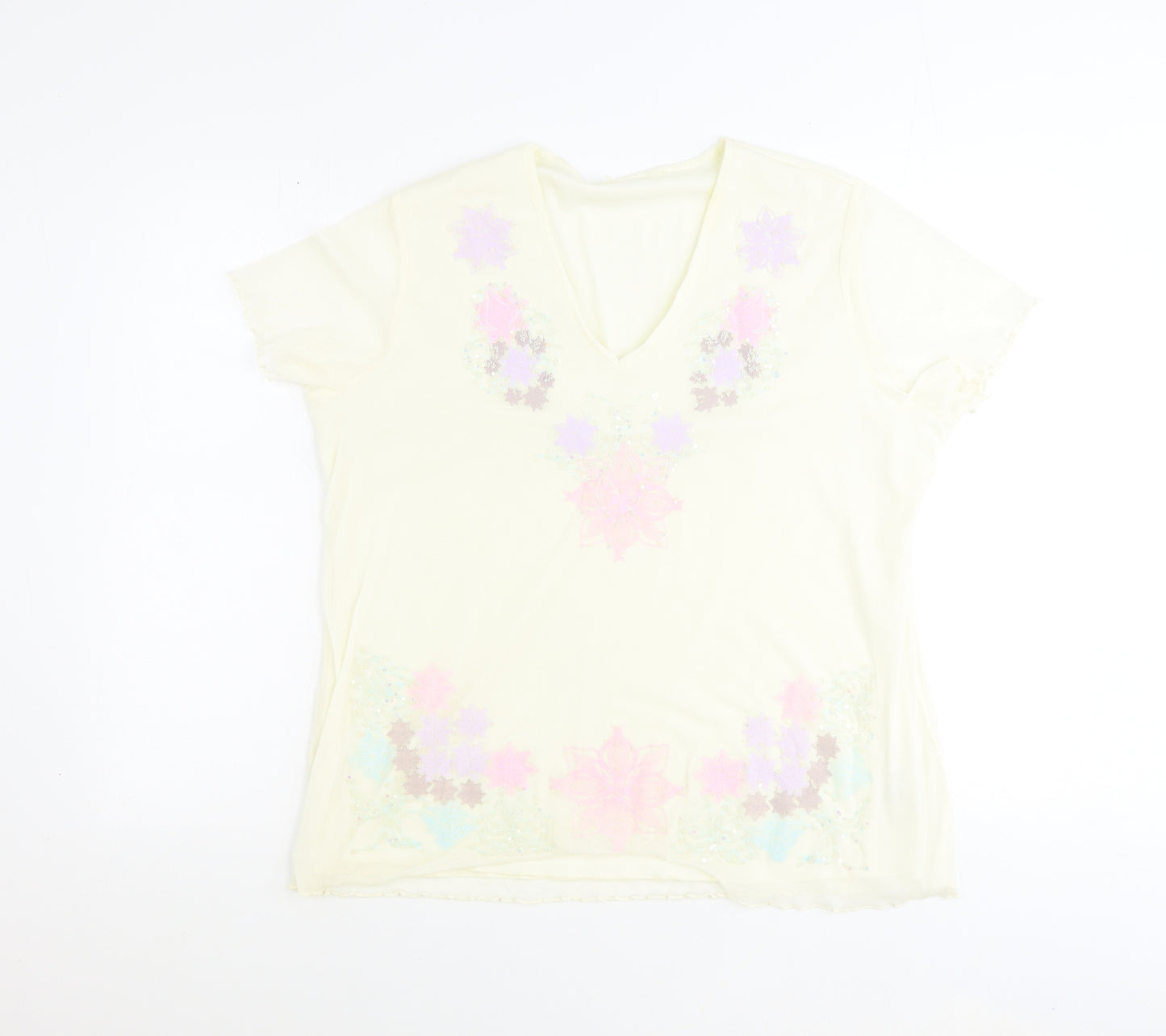 Preworn Womens Yellow Polyester Basic T-Shirt Size 14 V-Neck