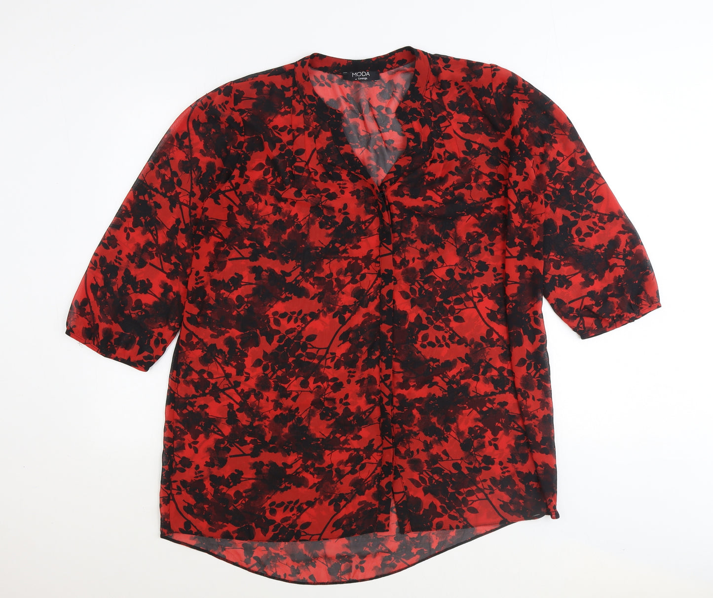 Moda Womens Red Floral Polyester Basic Button-Up Size 16 V-Neck