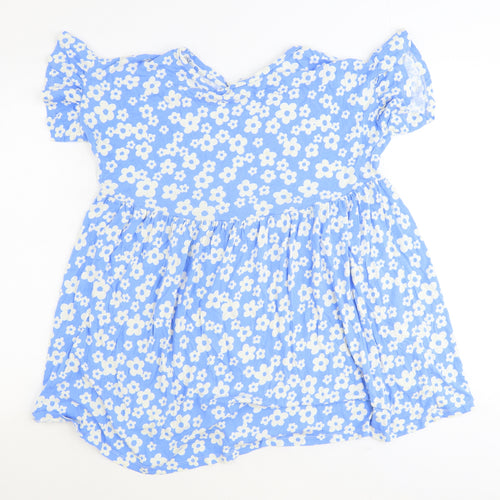 New Look Womens Blue Floral Polyester Basic T-Shirt Size 6 Round Neck