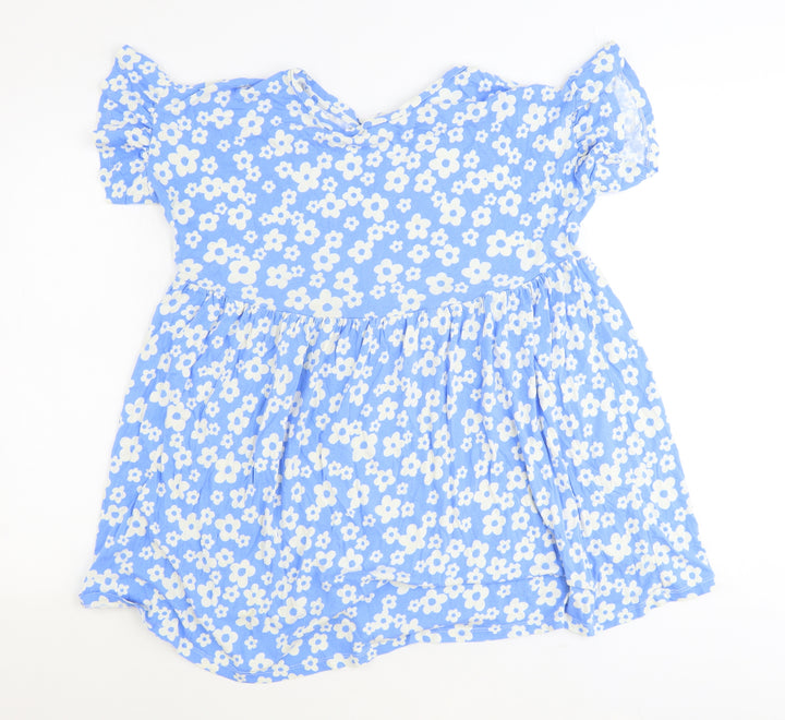 New Look Womens Blue Floral Polyester Basic T-Shirt Size 6 Round Neck