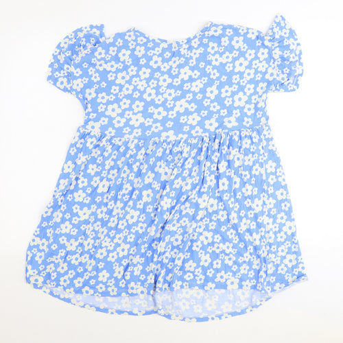 New Look Womens Blue Floral Polyester Basic T-Shirt Size 6 Round Neck