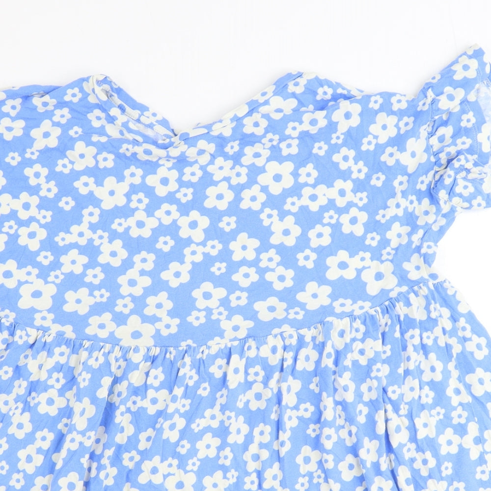 New Look Womens Blue Floral Polyester Basic T-Shirt Size 6 Round Neck