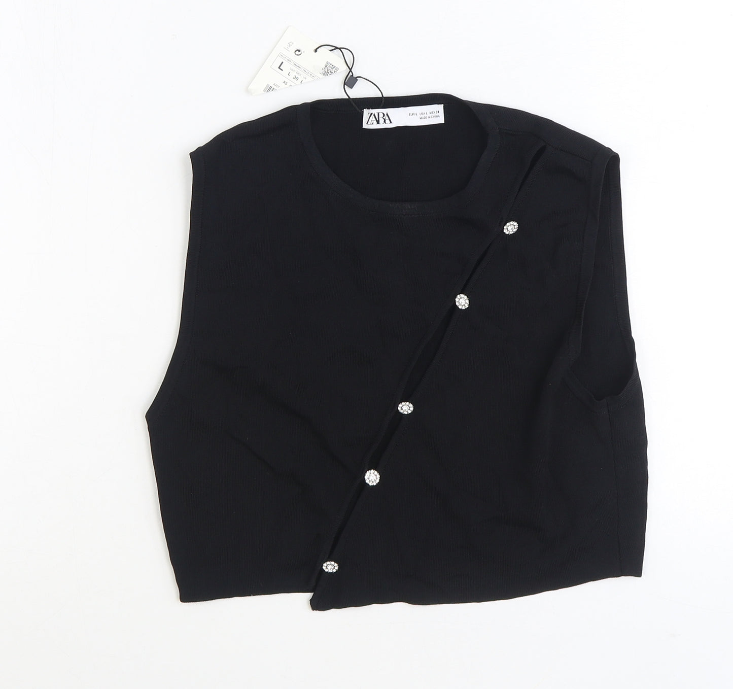 Zara Womens Black Polyester Cropped Tank Size L Scoop Neck - Ribbed Cut Out