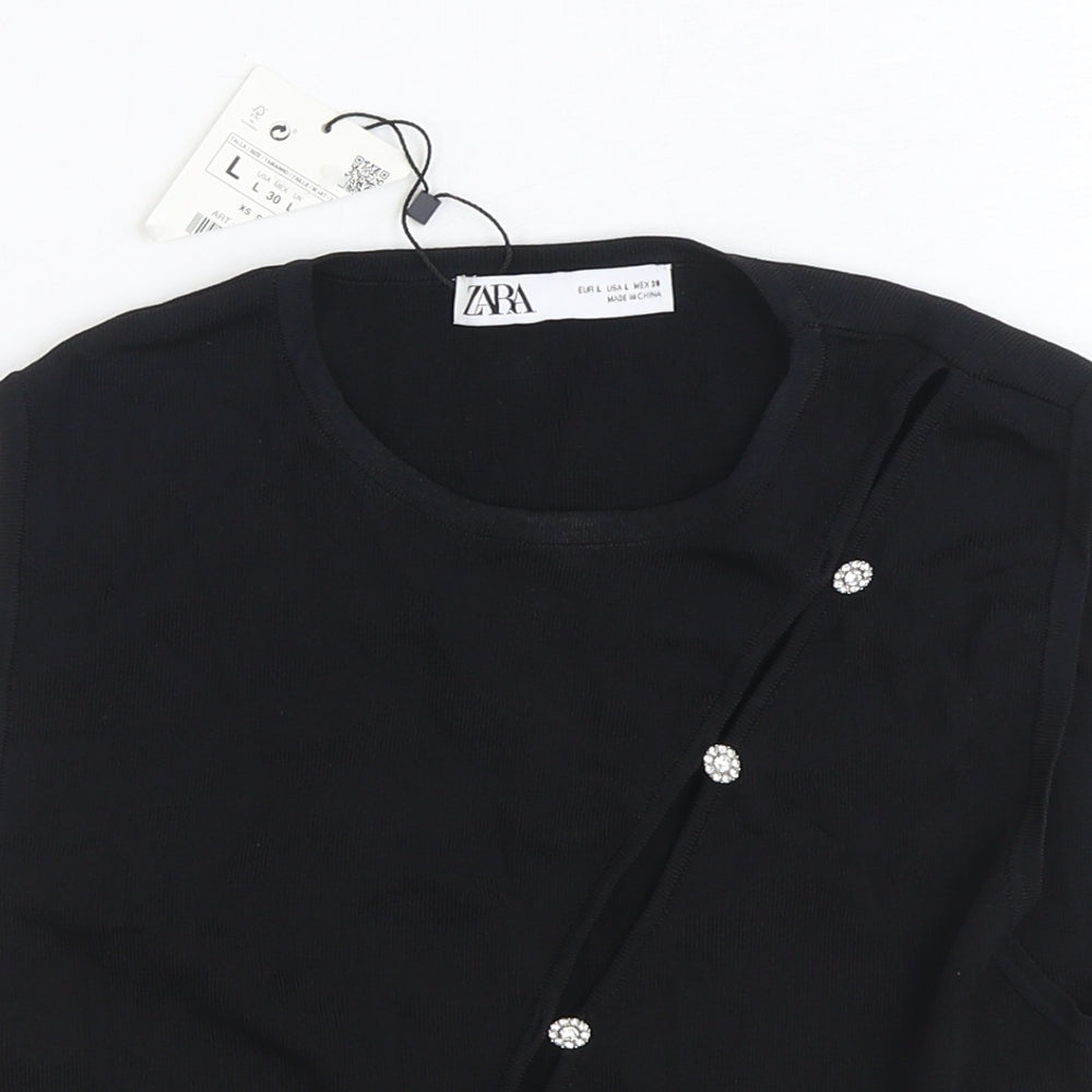Zara Womens Black Polyester Cropped Tank Size L Scoop Neck - Ribbed Cut Out