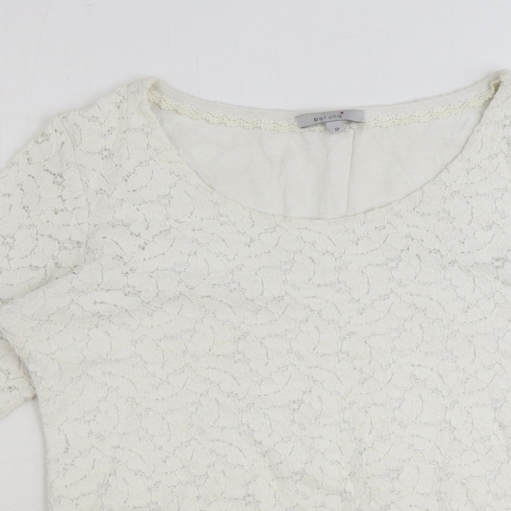 Per Una Womens White Floral Polyester Basic Blouse Size 12 Scoop Neck