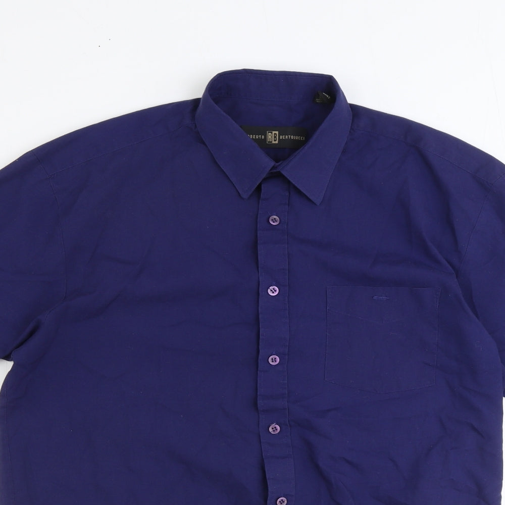 Alessandro Bertoluci Mens Blue Polyester Button-Up Size L Collared Button