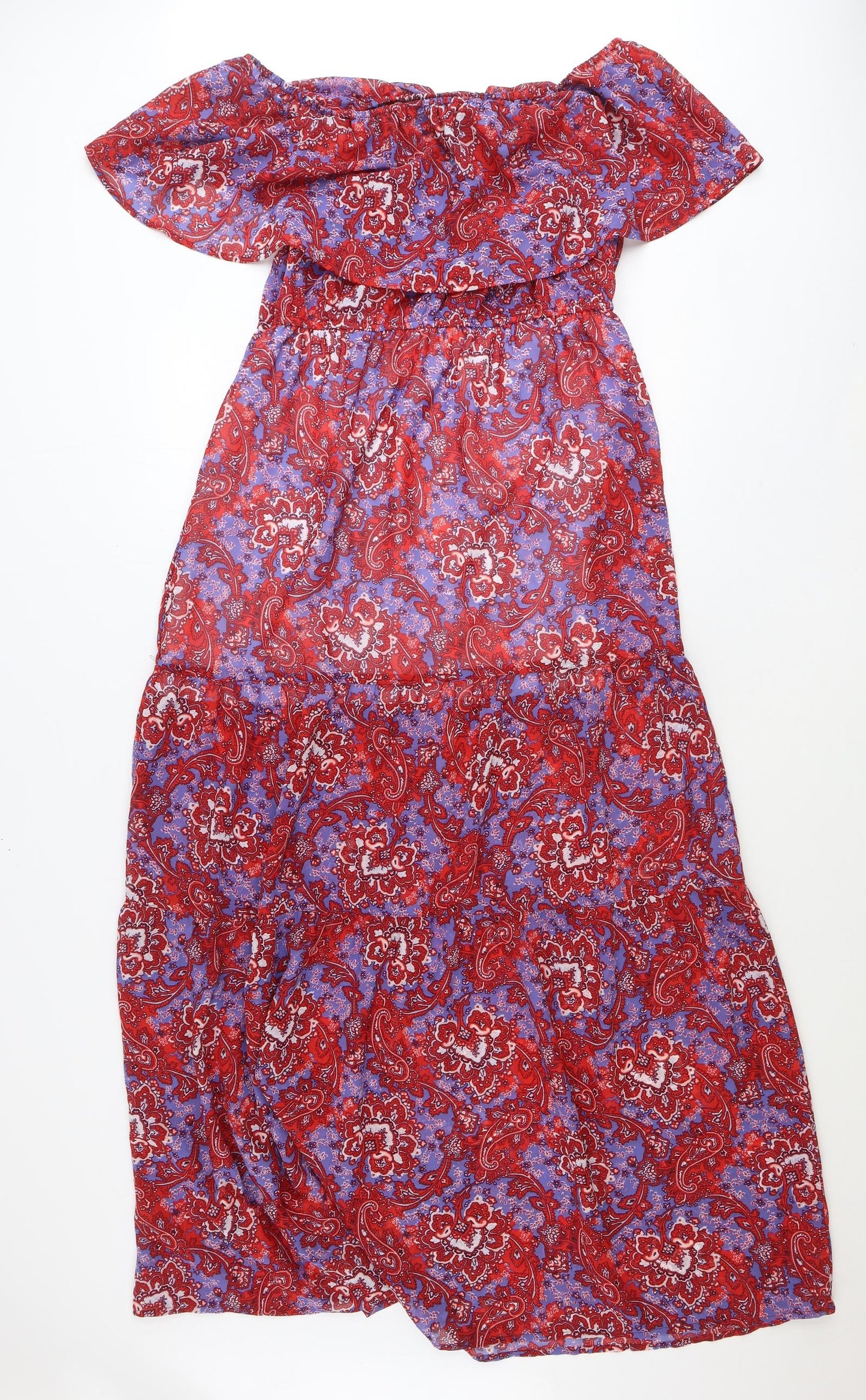 PRETTYLITTLETHING Womens Red Paisley Polyester Maxi Size 12 Off the Shoulder Pullover