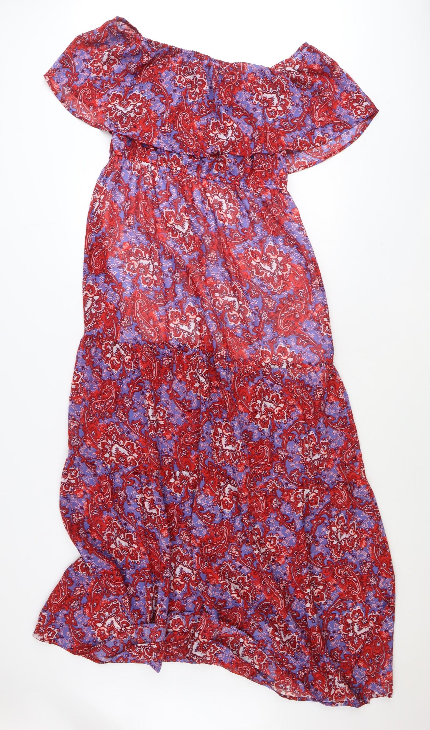 PRETTYLITTLETHING Womens Red Paisley Polyester Maxi Size 12 Off the Shoulder Pullover