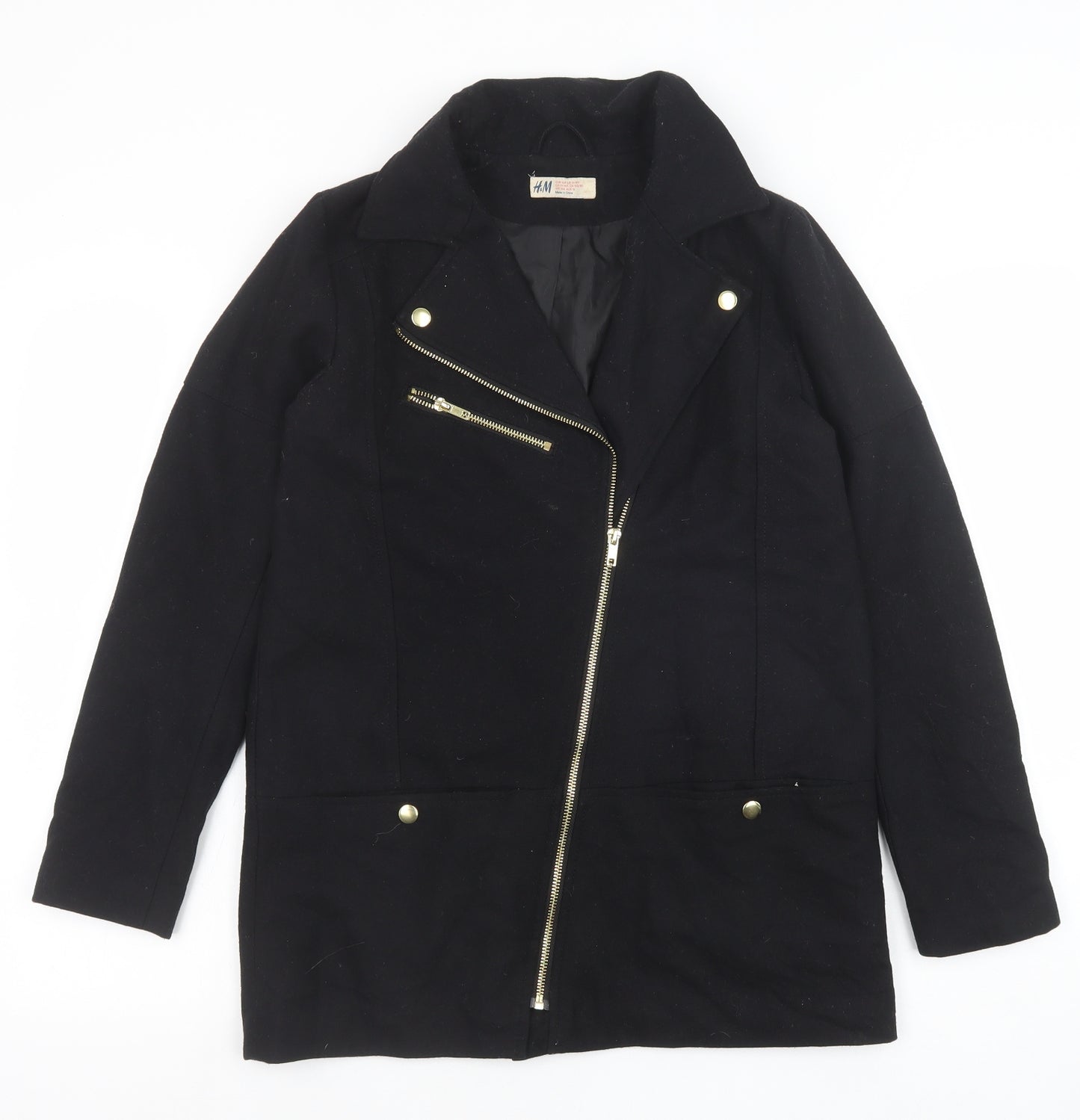 H&M Girls Black Biker Coat Size 13-14 Years Zip