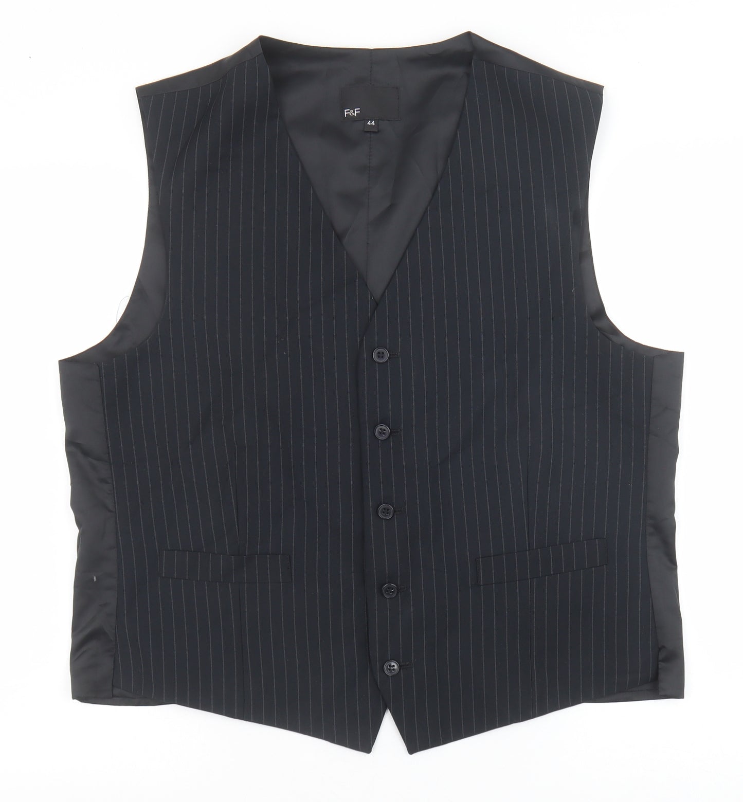 F&F Mens Black Striped Polyester Jacket Suit Waistcoat Size 44 Regular