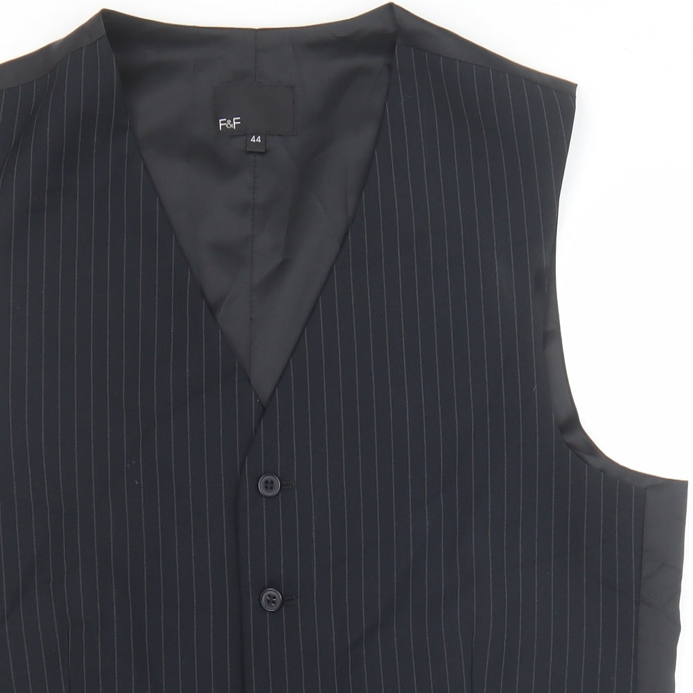 F&F Mens Black Striped Polyester Jacket Suit Waistcoat Size 44 Regular
