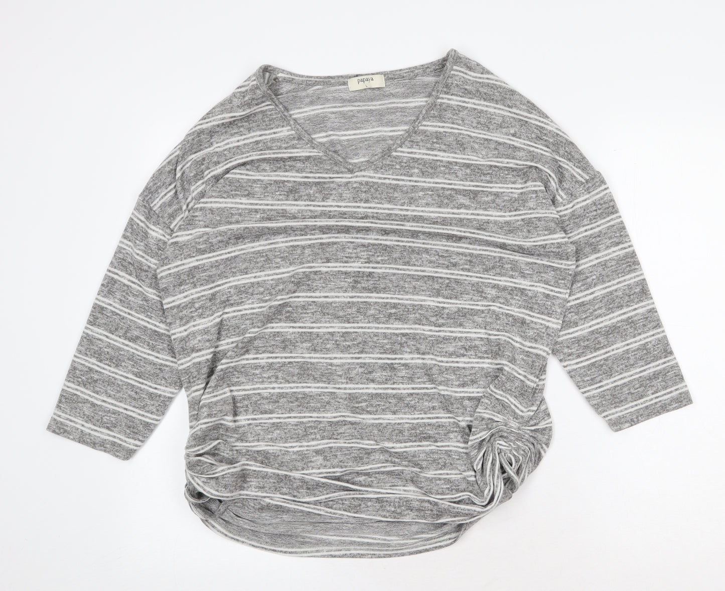 Papaya Womens Grey V-Neck Striped Viscose Pullover Jumper Size L