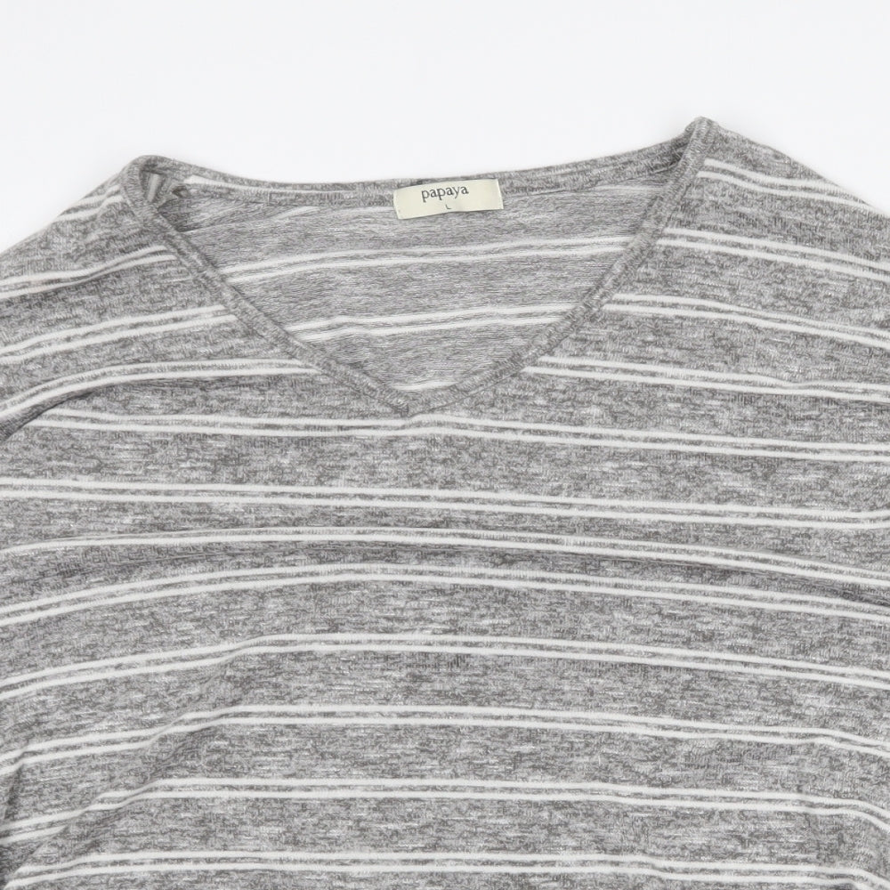 Papaya Womens Grey V-Neck Striped Viscose Pullover Jumper Size L