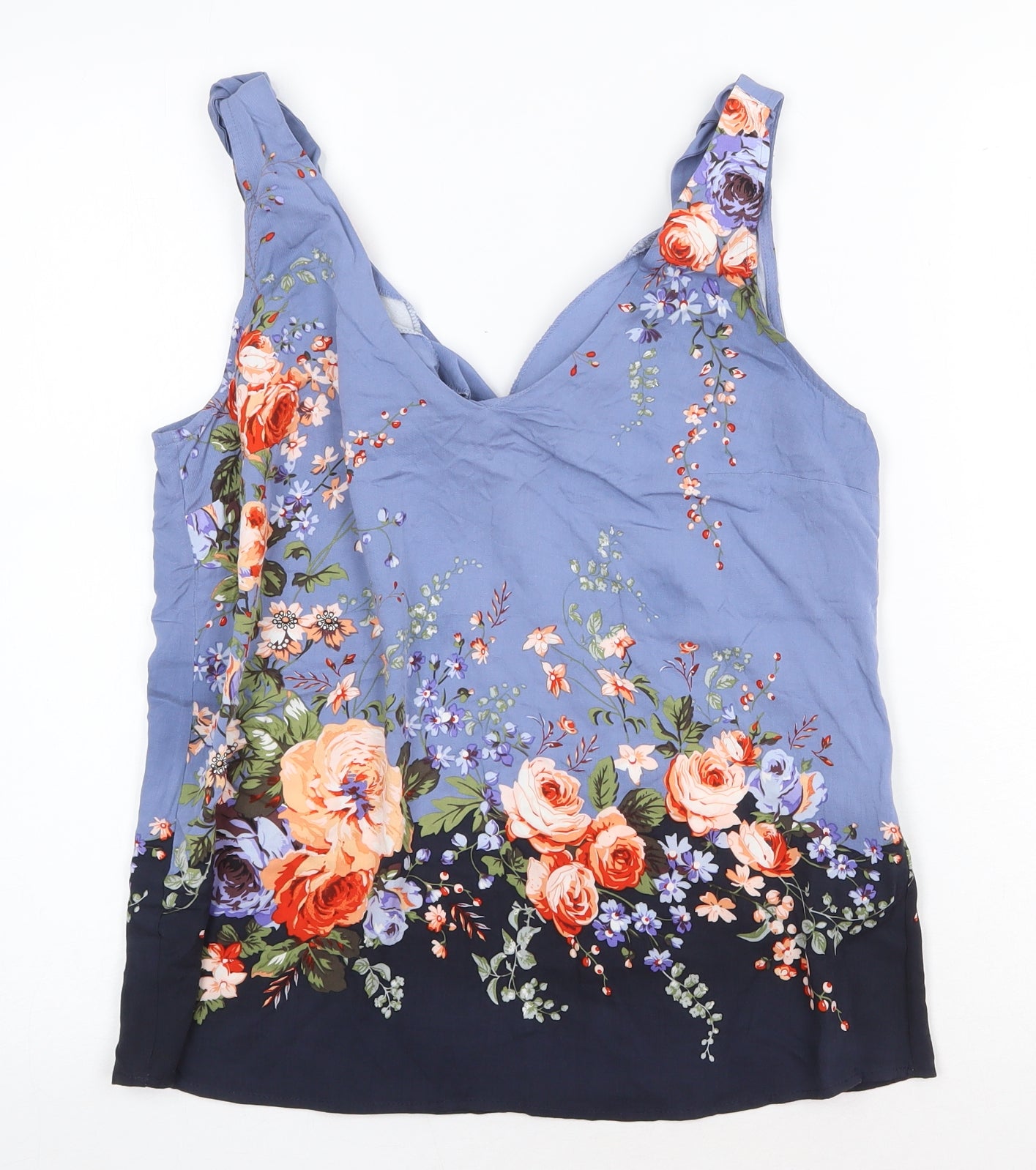 Oasis Womens Blue Floral Polyester Basic Tank Size 12 V-Neck