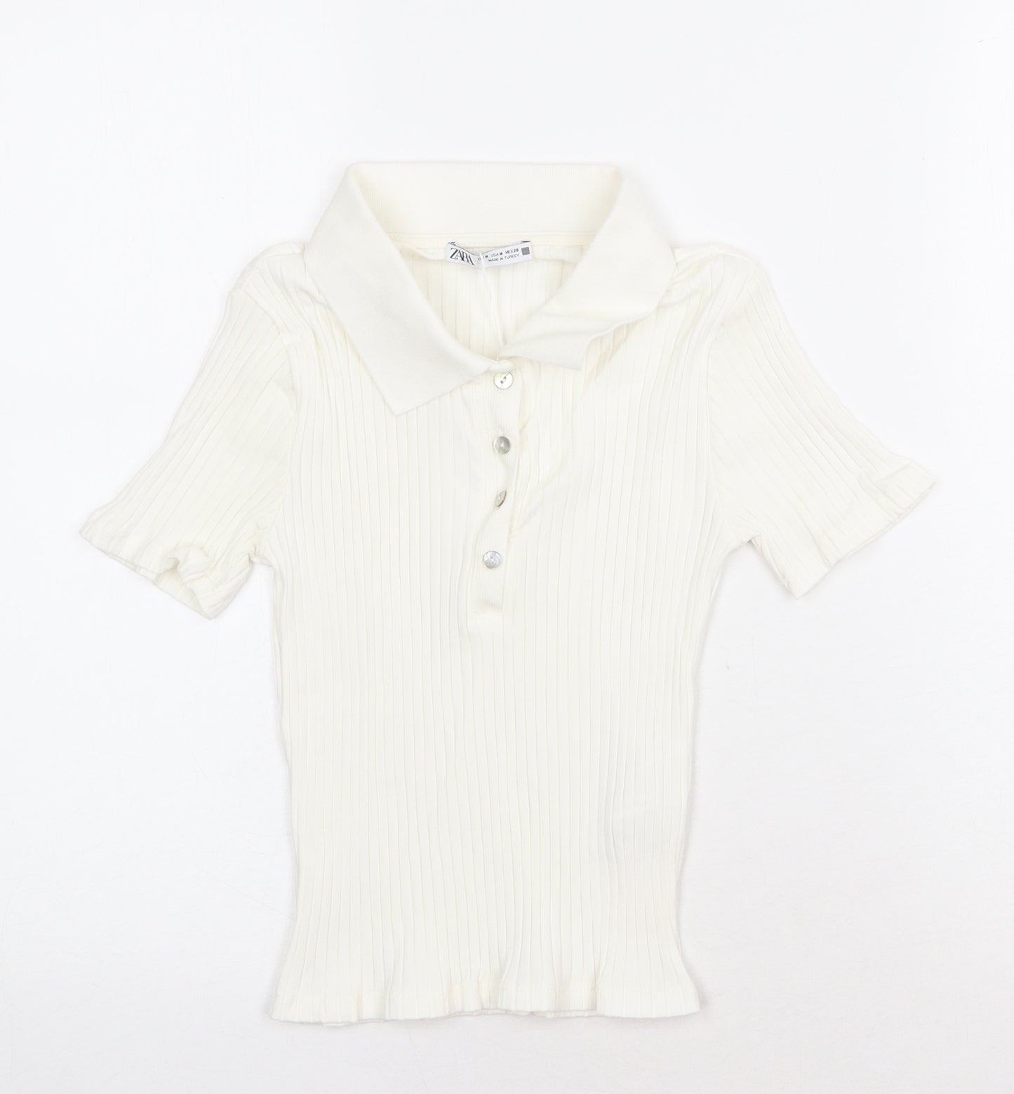 Zara Womens White Cotton Basic Polo Size M Collared