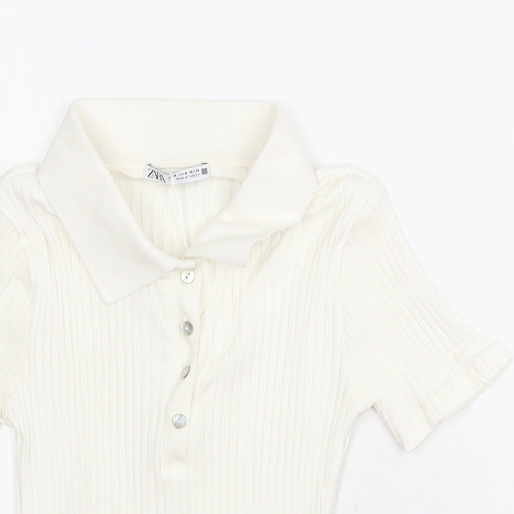 Zara Womens White Cotton Basic Polo Size M Collared