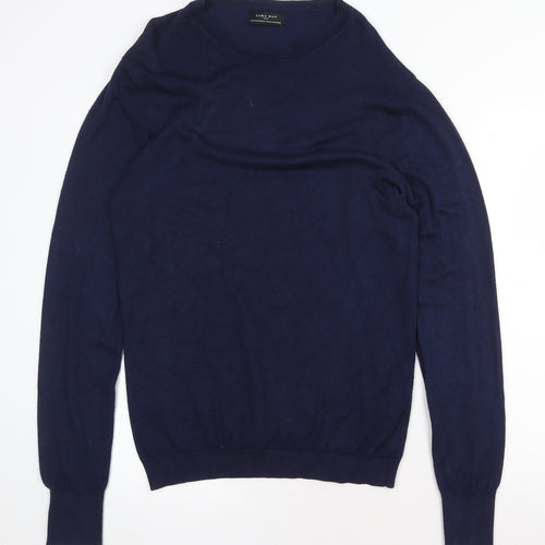 Zara Mens Blue Round Neck Viscose Pullover Jumper Size M Long Sleeve