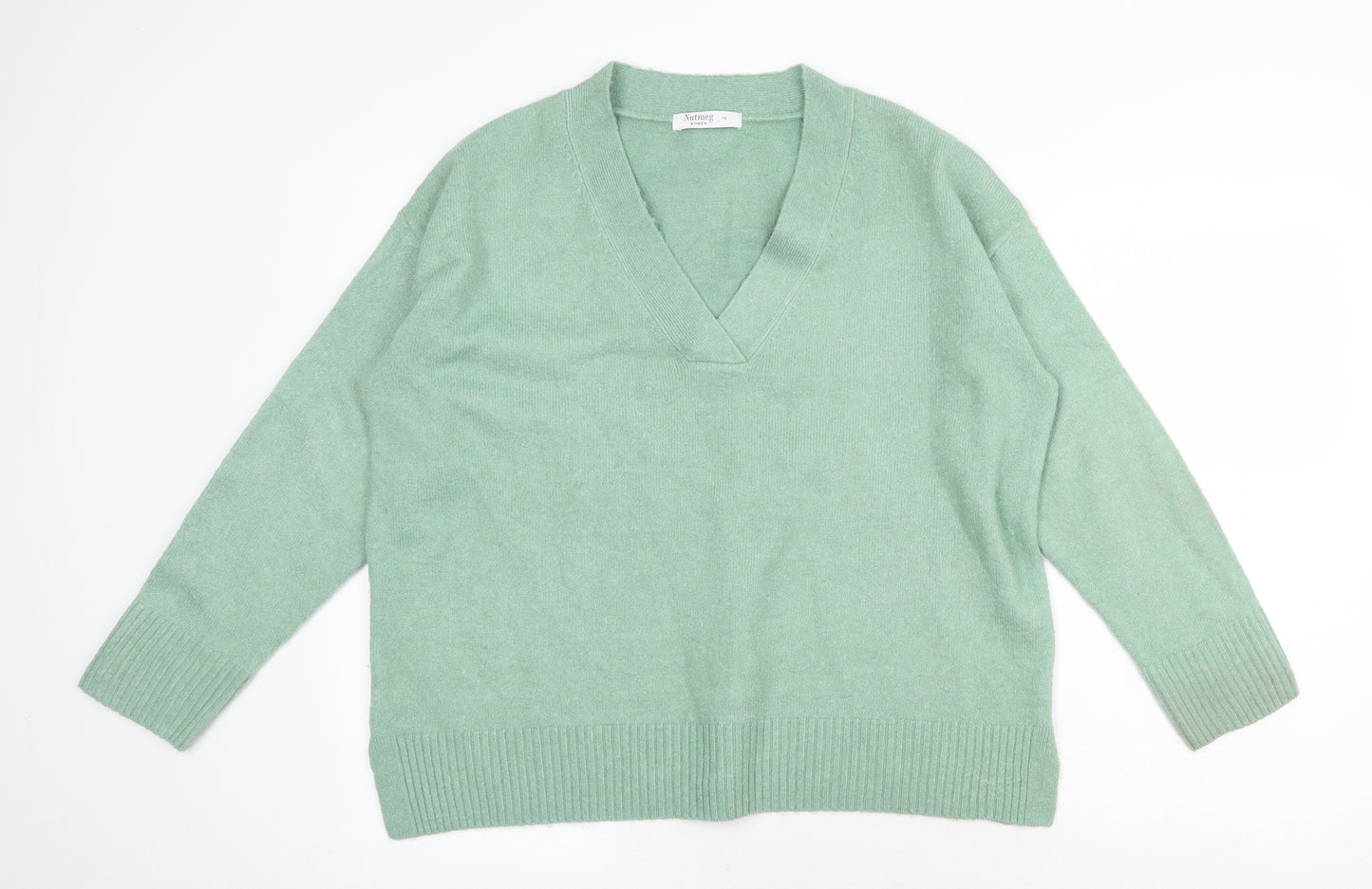 Nutmeg Womens Green V-Neck Acrylic Pullover Jumper Size 18