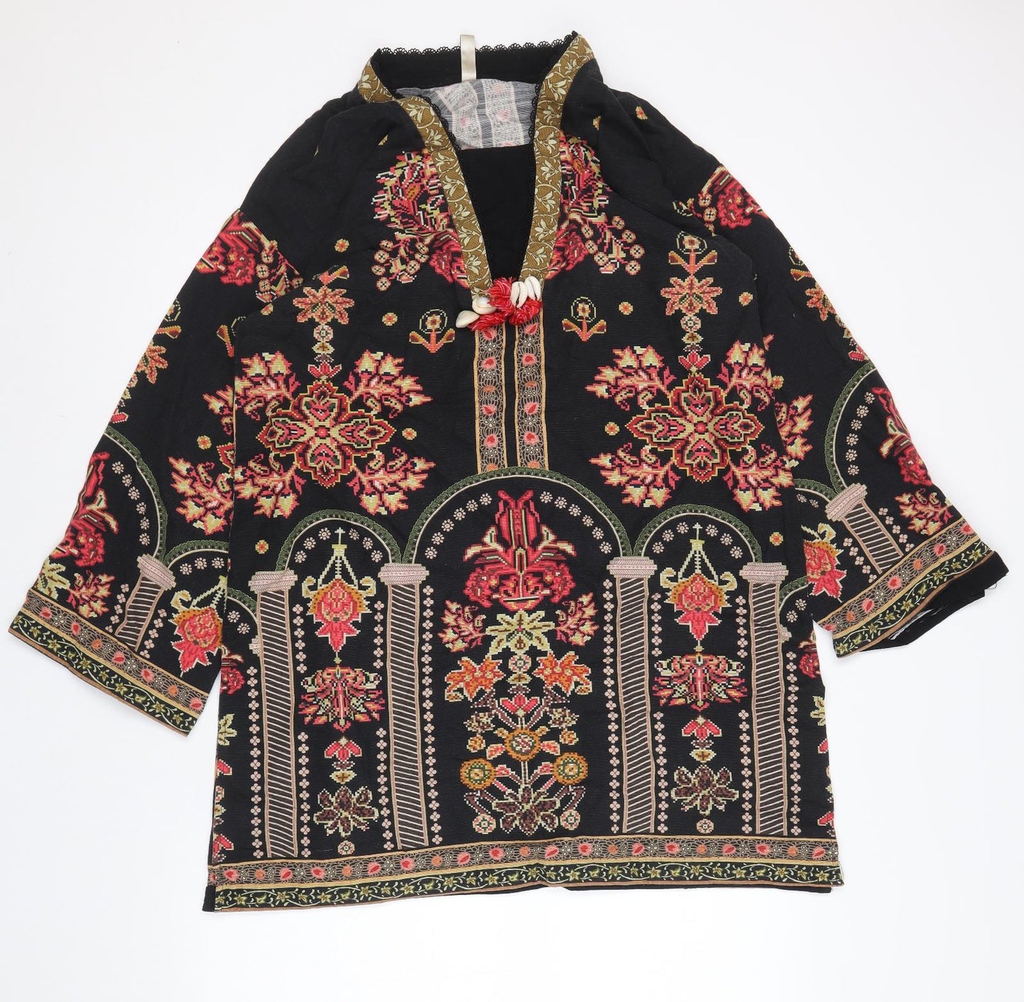 Ethnic Womens Black Geometric Cotton Shift Size M V-Neck Pullover