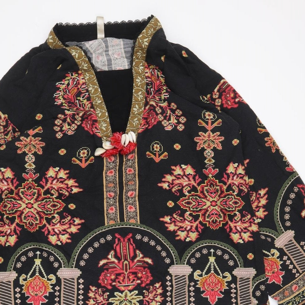 Ethnic Womens Black Geometric Cotton Shift Size M V-Neck Pullover