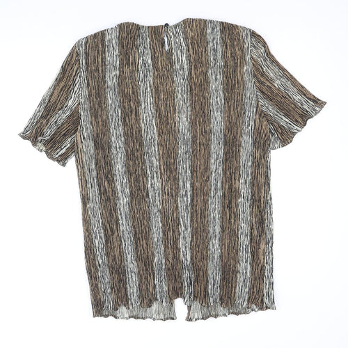 CANDA Womens Brown Striped Polyester Basic Blouse Size 14 Round Neck