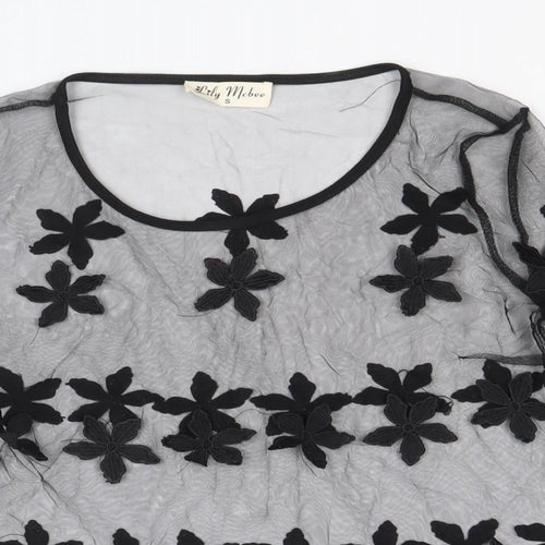 Lily McBee Womens Black Floral Polyester Basic Blouse Size S Round Neck