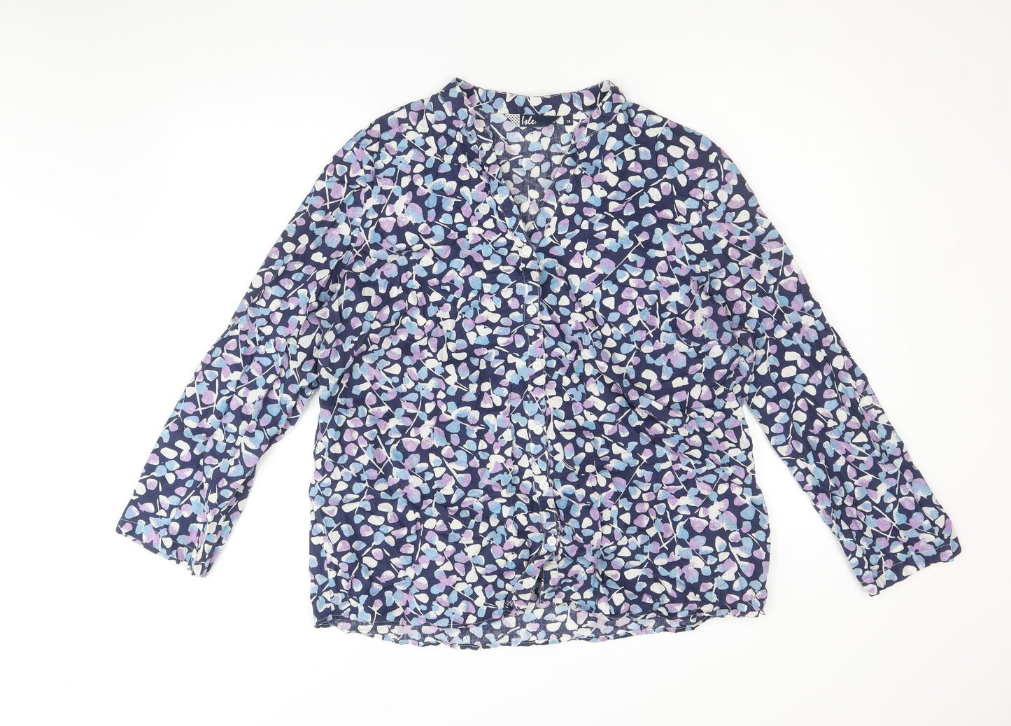 EWM Womens Blue Geometric 100% Cotton Basic Button-Up Size 18 V-Neck