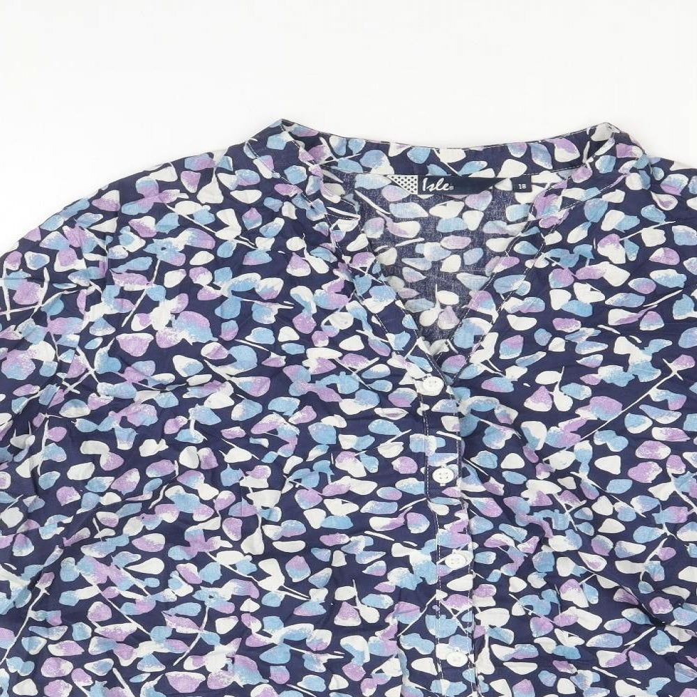 EWM Womens Blue Geometric 100% Cotton Basic Button-Up Size 18 V-Neck