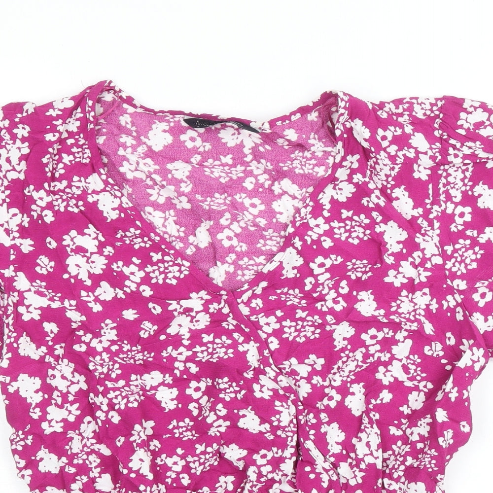 Marks and Spencer Womens Purple Floral Viscose Basic Blouse Size 8 V-Neck