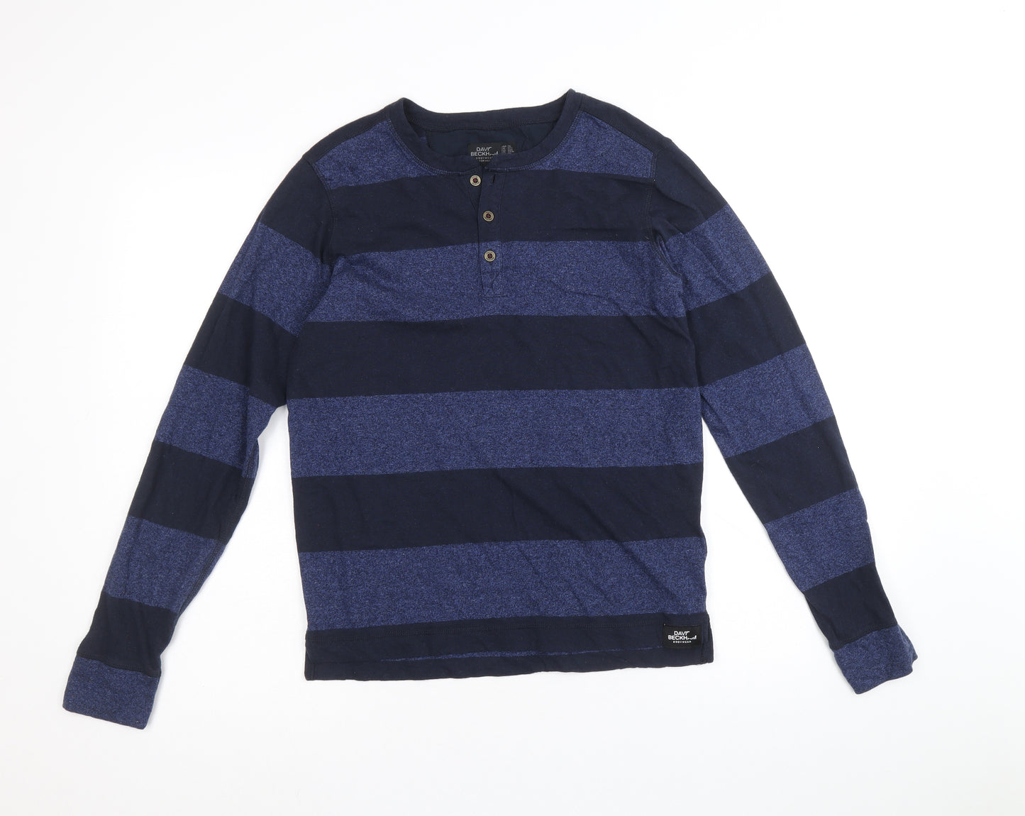 David Beckham Boys Blue Striped Cotton Basic T-Shirt Size 14 Years Henley Button