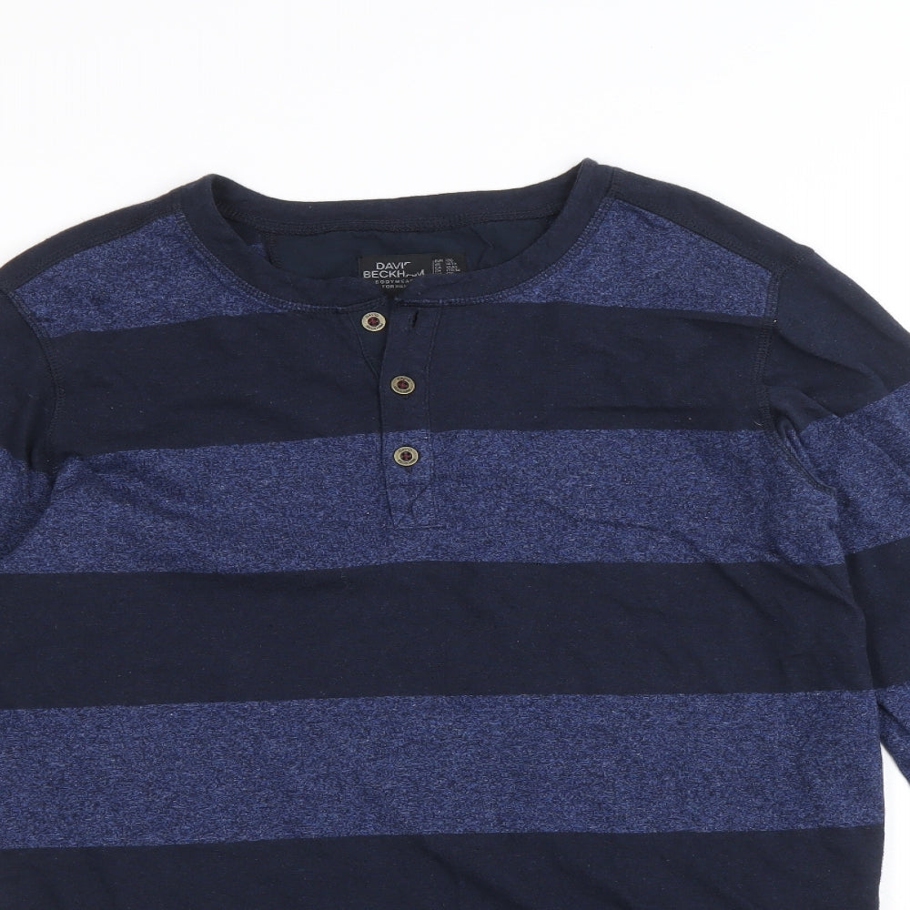 David Beckham Boys Blue Striped Cotton Basic T-Shirt Size 14 Years Henley Button