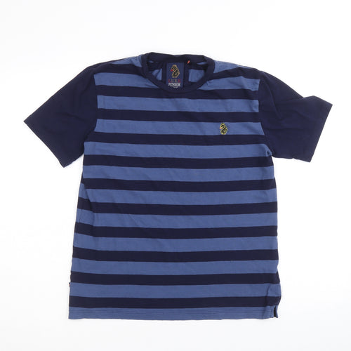 Luke Boys Blue Striped 100% Cotton Basic T-Shirt Size 13-14 Years Round Neck Pullover